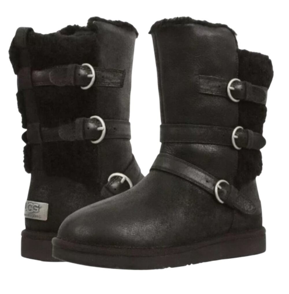 UGG Becket Leather/Wool Shearling Boots Sz 7 Black Cozy Grunge Gorpcore Timeless